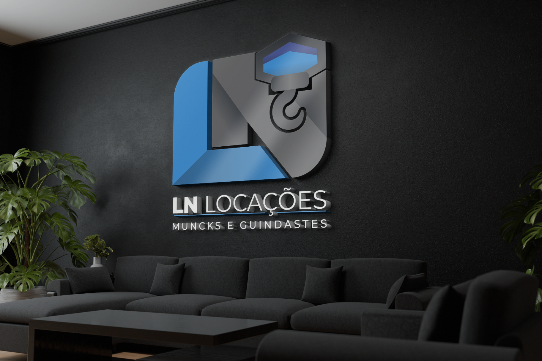 Logo LN Locações — Muncks e Guindastes aplicada em parede